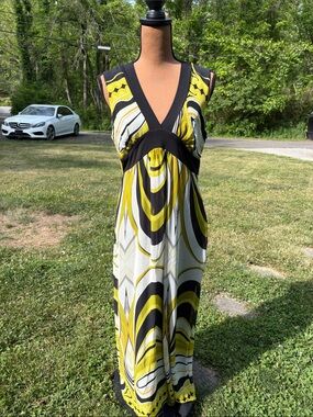 Lucy & Laurel Yellow, Black & White Sleeveless V-Neck Maxi Dress, sz 14. Travel